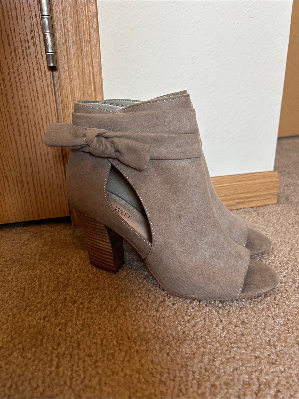 Nine West Taupe Suede Open-Toe Block Heel Booties with Bow Detail